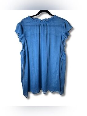 Torrid Metallic (Gold) Ruffle Sleeve Button Close Keyhole Back Blue Tunic, 3X